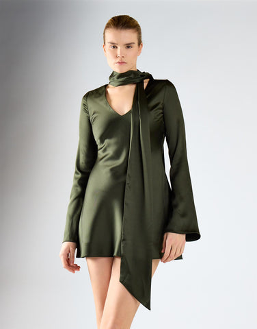 Deep Khaki Long-Sleeves Scarf Detail Mini Dress