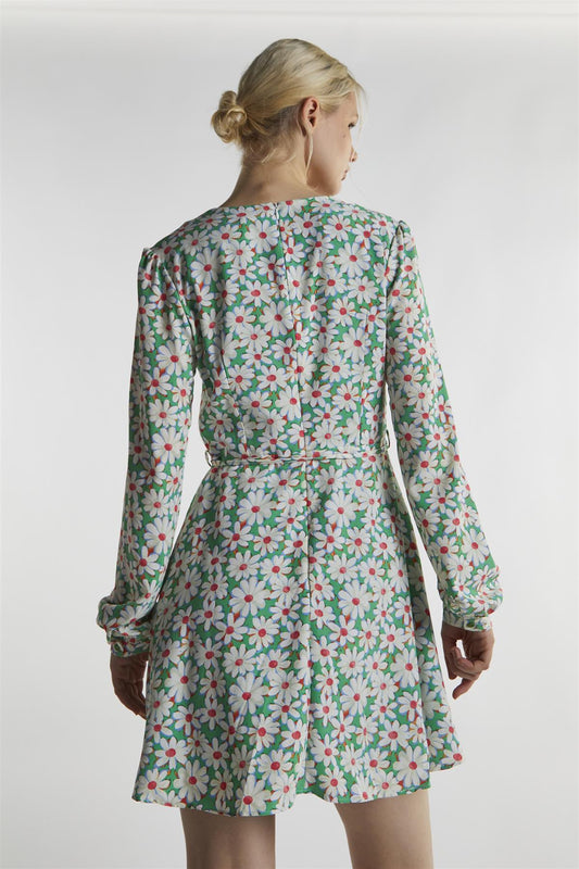 Green-Daisy Long Sleeve Mini-Dress