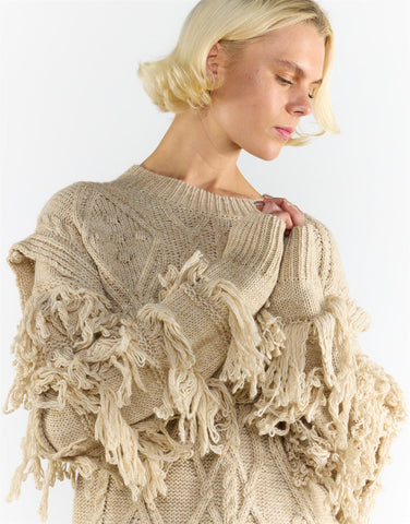 Ecru Marl Fringe Sleeve Cable Knit Jumper