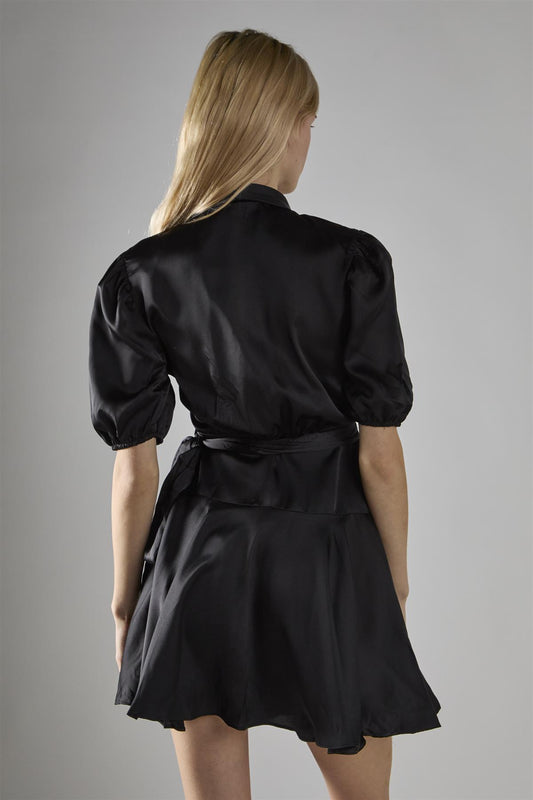 Black Sateen V-Neck Wrap Mini-Dress