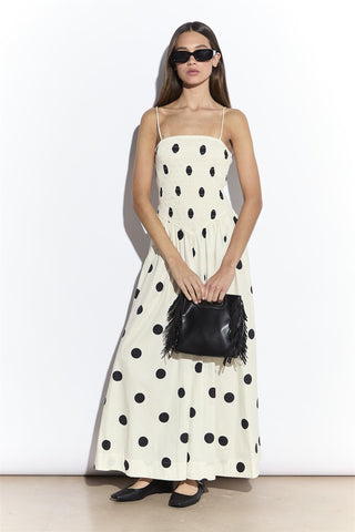 Cream Spot Shirred Dropped Waist Midi Dress