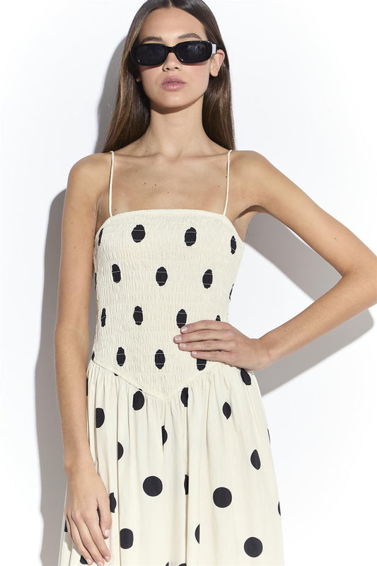 Cream Spot Shirred Dropped Waist Midi Dress