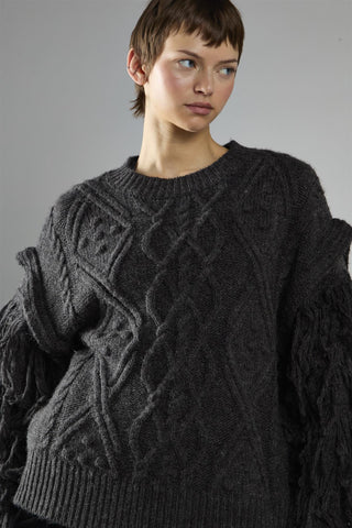 Charcoal Fringe Sleeve Cable Knit Jumper