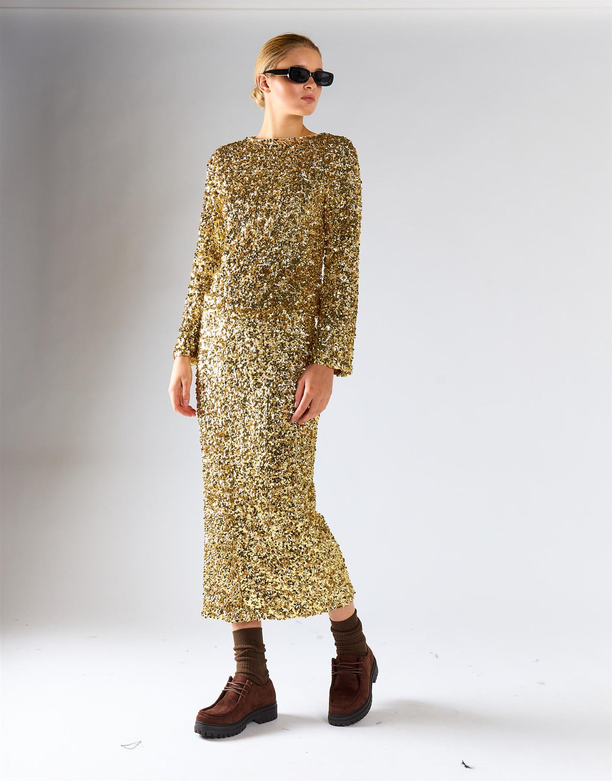 Gold Sequin Side-Slit Midi Skirt