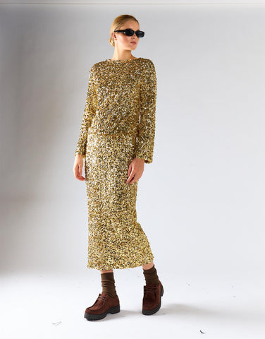 Gold Sequin Side-Slit Midi Skirt