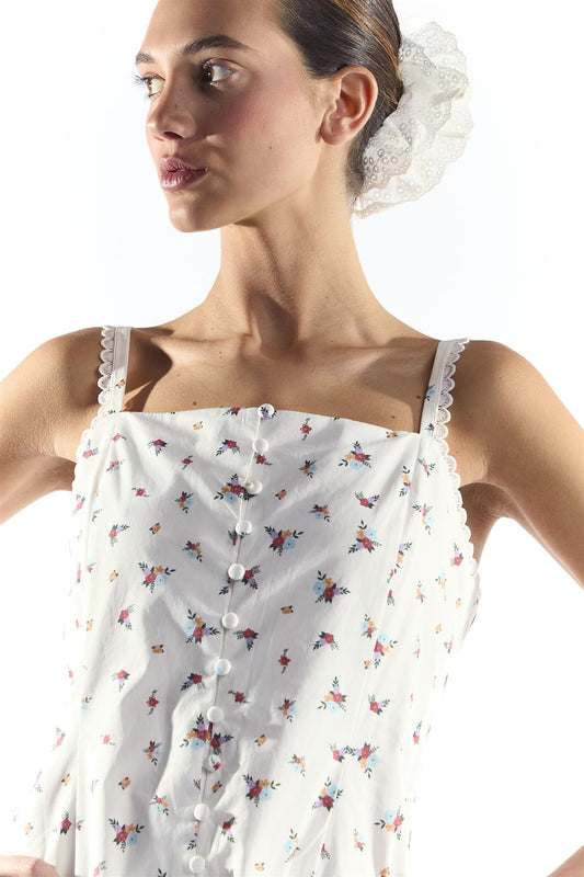 Dropped Waist Midi Dress with Trim in White Floral Colour