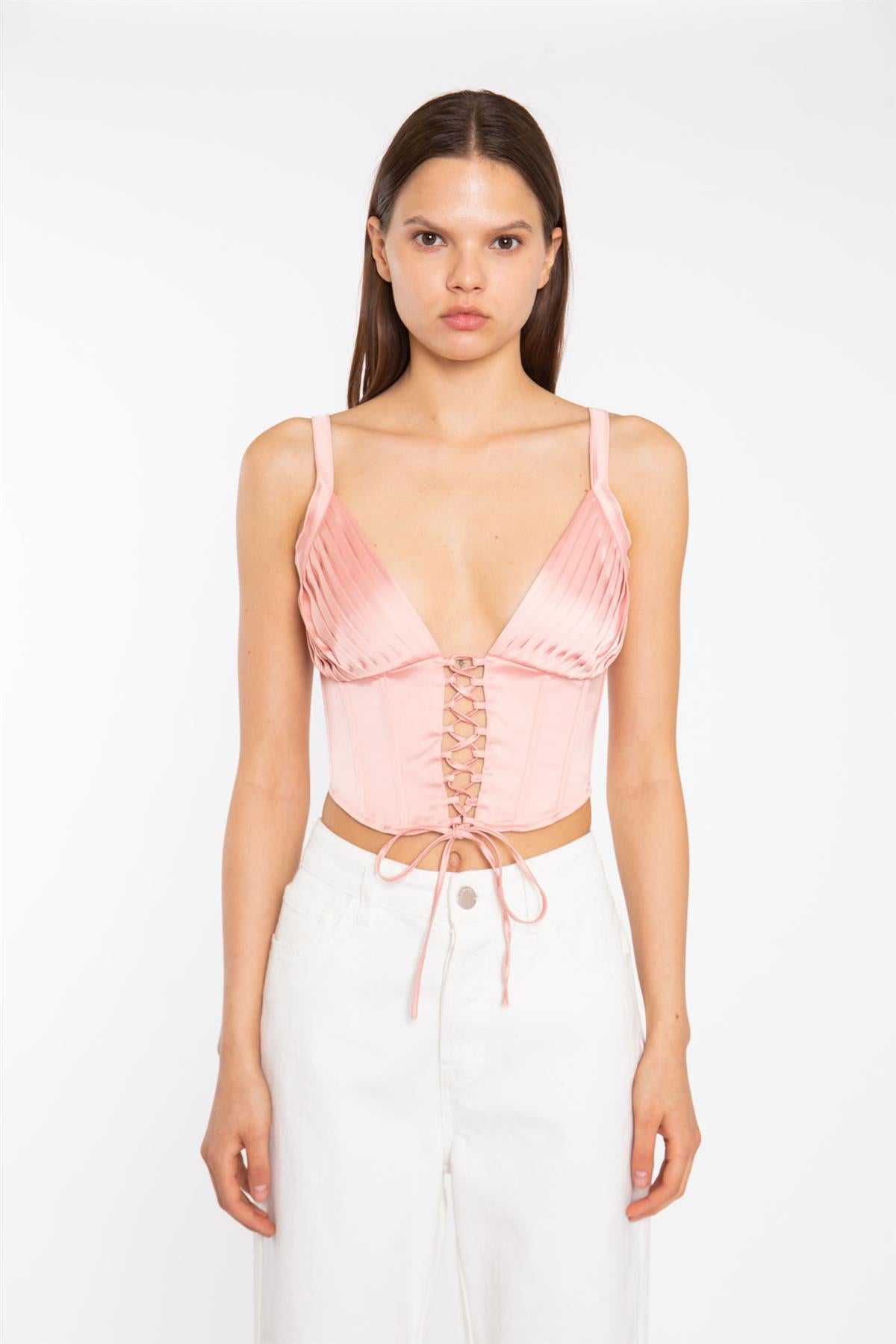 Coral Pink Pleated Bust Lace-Up Corset-Top