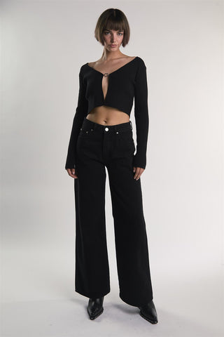 Black Open-Front-Ribbed Crop-Top
