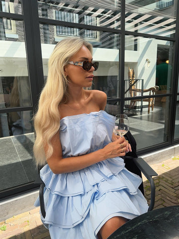 Light Blue Tiered Pleated Mini-Dress