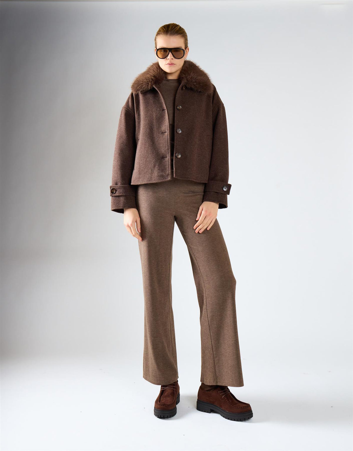 Brown Marl Plush Faux-Fur Collar Jacket