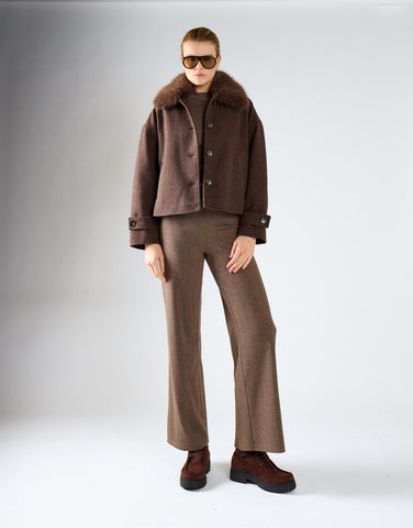 Brown Marl Plush Faux-Fur Collar Jacket