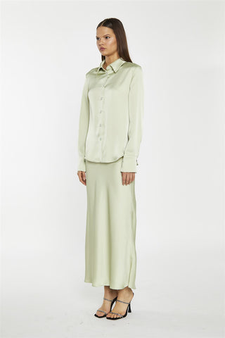 Sage-Satin Bia-Cut Midi-Skirt