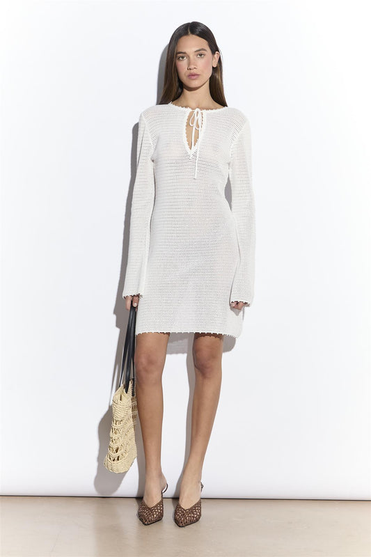 White Long Sleeve Crochet Knit Mini Dress