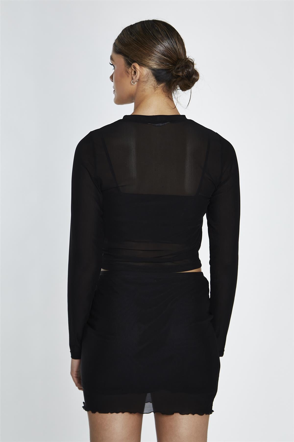 Black Mesh Lettuce Trim Mini Skirt