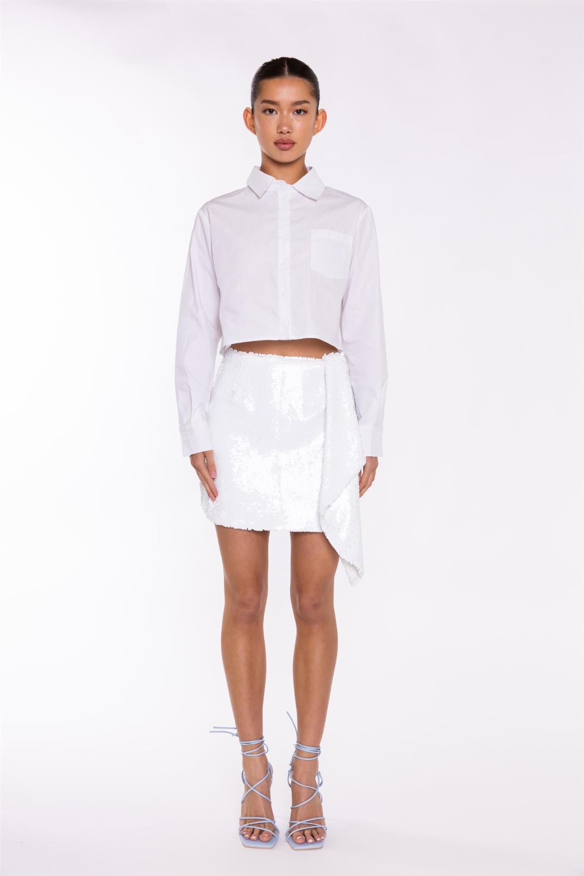 White-Sequin Asymmetric-Drape Mini-Skirt