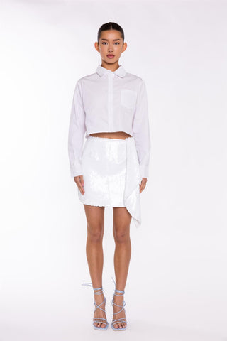 White-Sequin Asymmetric-Drape Mini-Skirt