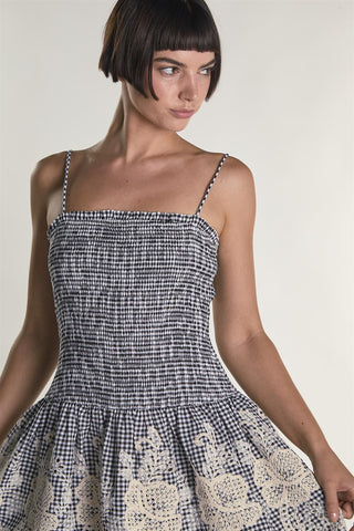 Embroidered Gingham Square Neck Ruched Mini Dress