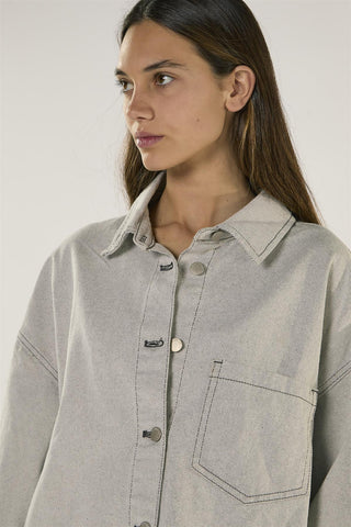 Light Grey Long Sleeve Denim Shirt with Snap On Buttons