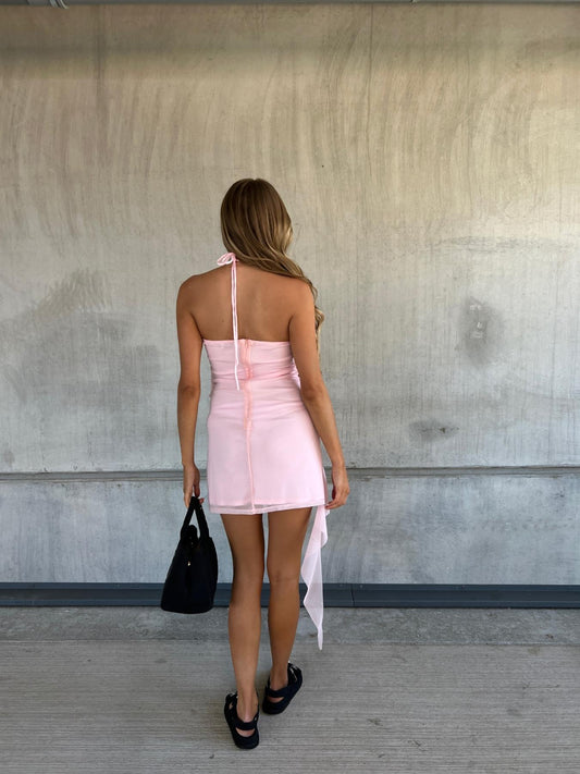 Kendall Halterneck Ruffle Mini Dress -Pale Pink