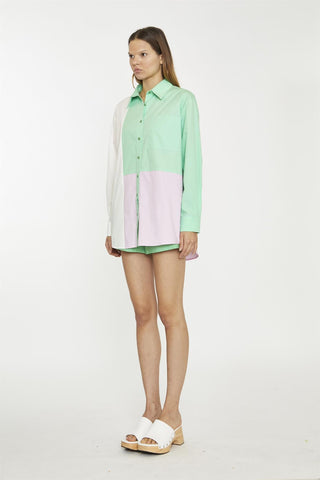 White Green Pink Colour Block Long-Sleeve-Top