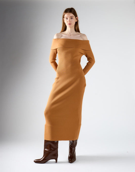 Tan Bardot Knitted Maxi Dress