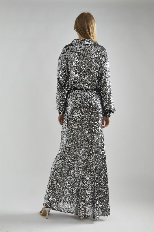 Black-Silver Sequin Bias-Cut Maxi-Skirt