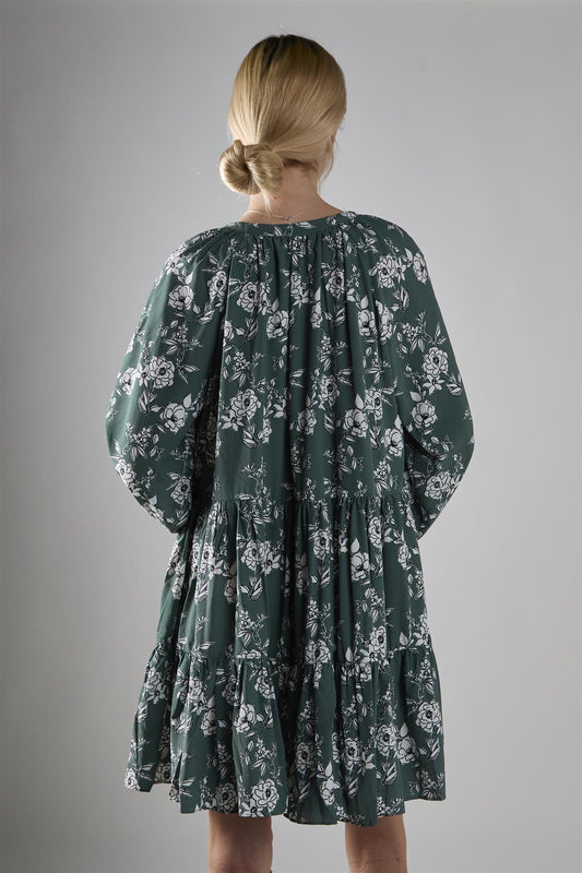 Khaki White Floral Poplin Tiered Mini-Dress