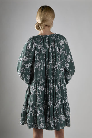 Khaki White Floral Poplin Tiered Mini-Dress