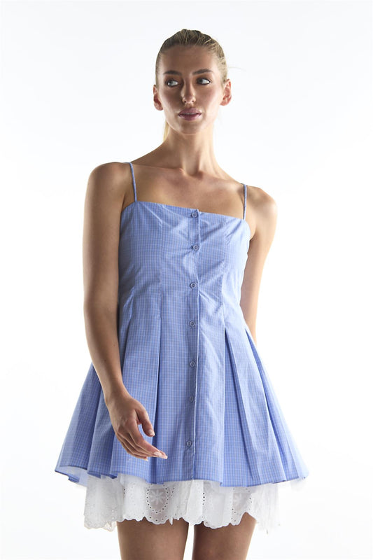 Cornflower Check Pleated Mini Dress