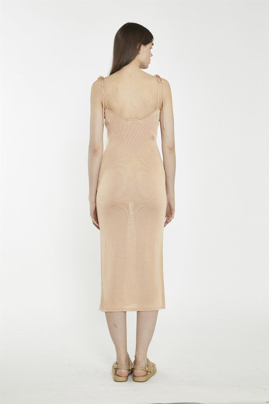 V-Neck Midi Slip Dress - Soft Apricot