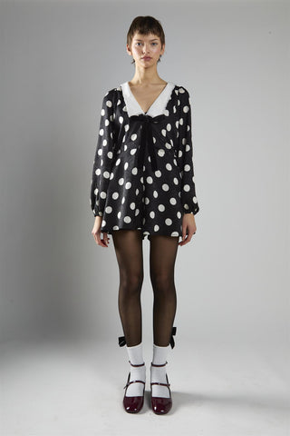 Black Large Spot Lace Trim Long Sleeve Playsuit
