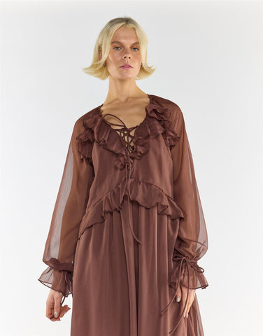 Brown Long Sleeve Ruffle Maxi Dress
