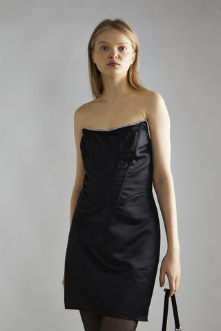 Black-Satin Rhinestone-Trim Mini-Dress