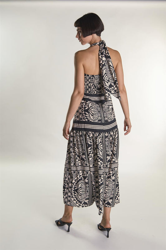 Scarf Border Print Halter Maxi Dress