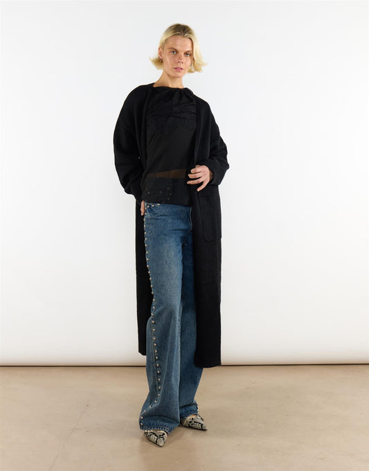 Black Long Cardigan With Pocket
