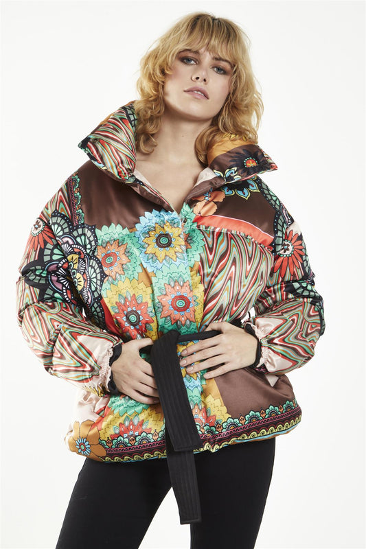 Multi Patchwork Tie Waist Puffer Jacket