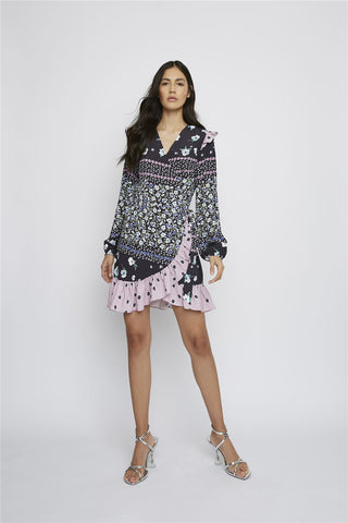 Black-Pink-Multi-Flower Multi-Ruffle-Layers Mini-Dresses