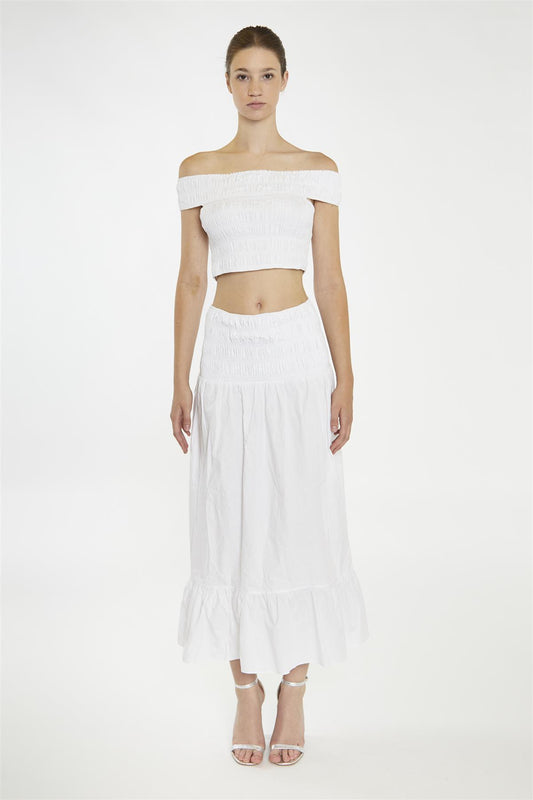 White Shirred-Waist Maxi-Skirt