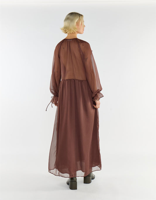Brown Long Sleeve Ruffle Maxi Dress