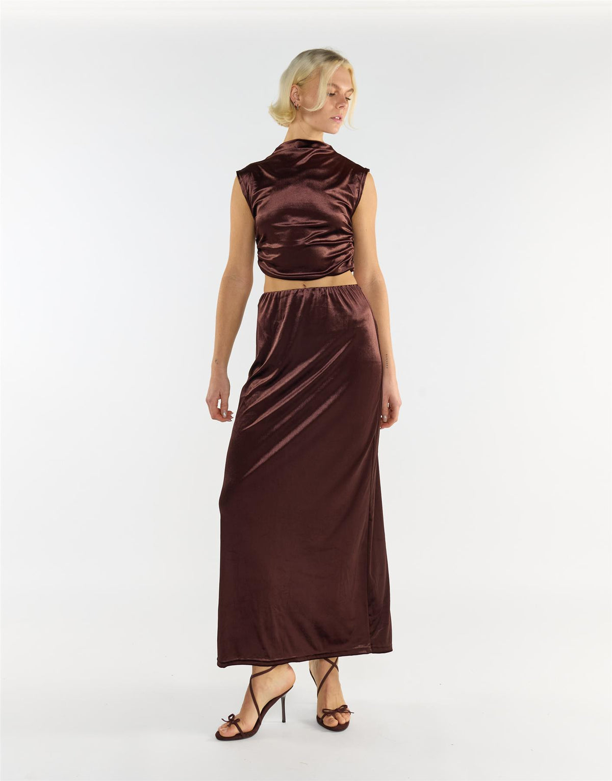 Brown Velvet Sleeveless Mock Neck Crop Top