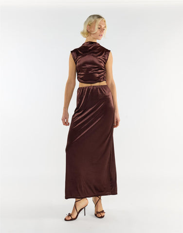 Brown Velvet Sleeveless Mock Neck Crop Top