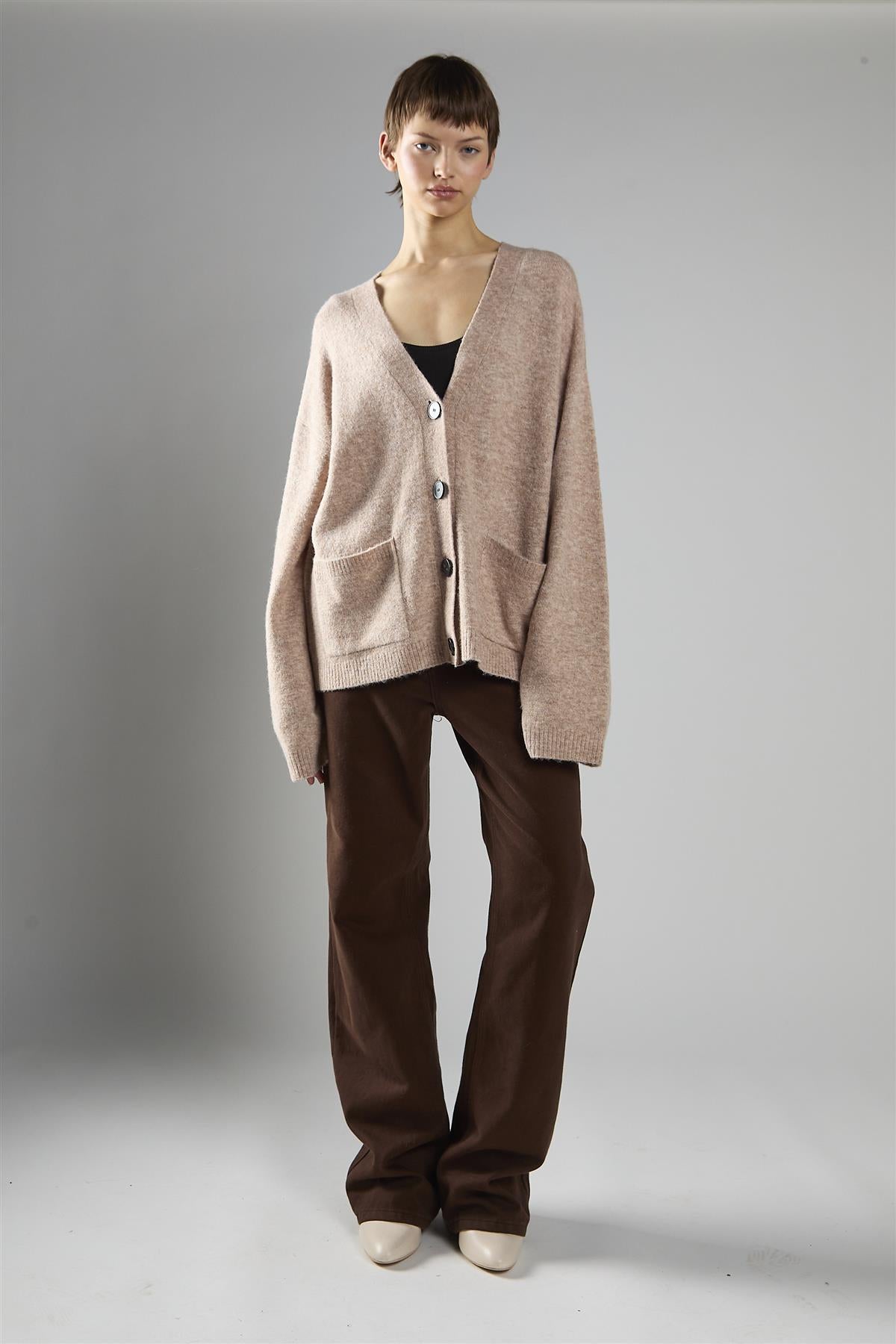 Beige Marl Button-Front V-Neck Cardigan
