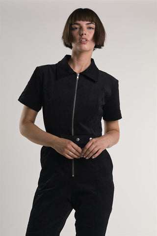 Black-Baby-Cord Belted Long-Jumpsuit