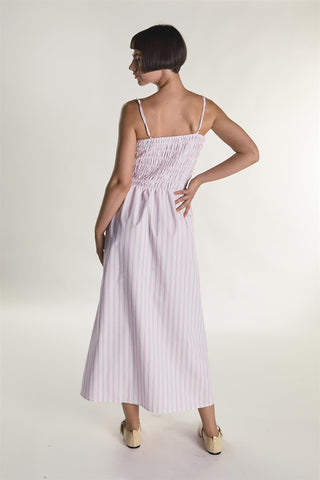 White Pink Stripe Strappy Shirring Maxi Dress