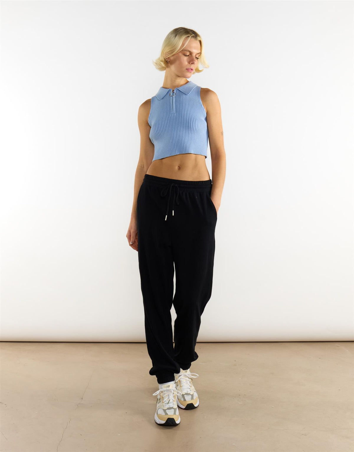 Knitted Light Blue Half Zip Sleeveless Crop Top