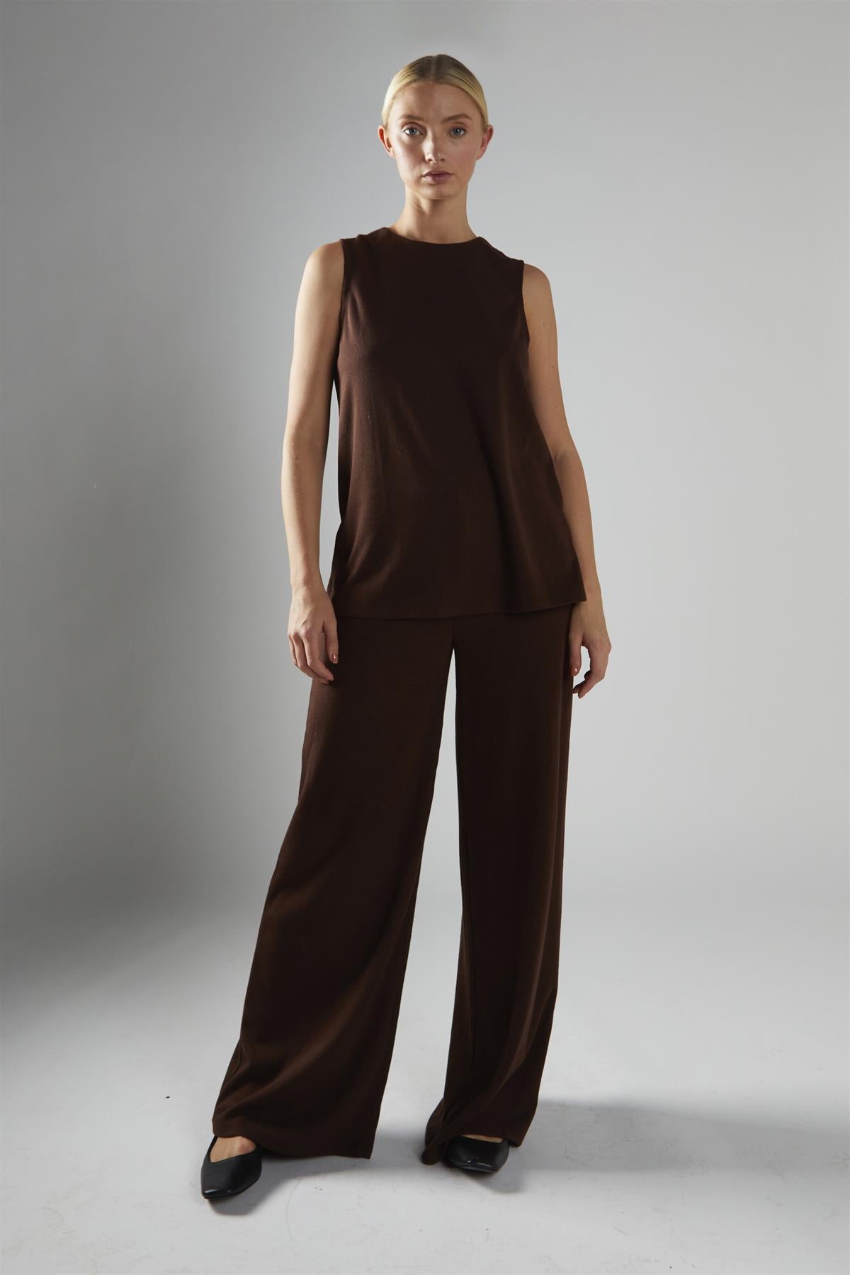 Brown-Rib Sleeveless Loose-Top