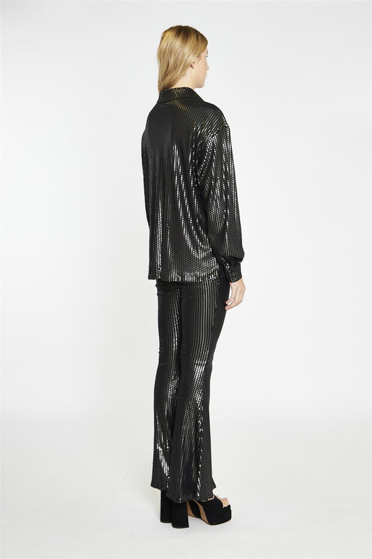 Black-Pewter-Sequin Button-Front Long Sleeve-Shirt