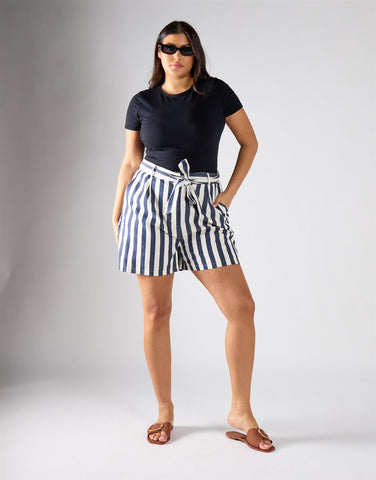 Glamorous Curve Navy White Stripe Belted Shorts