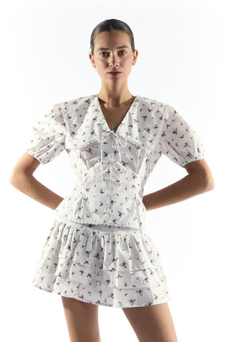 White Floral Peplum Mini Skirt with Pin Tucks