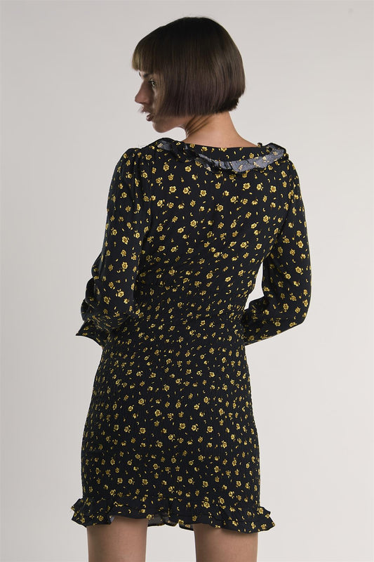 Black-Chartreuse-Ditsy Long-Sleeve-Ruffle-Trim Mini-Dress